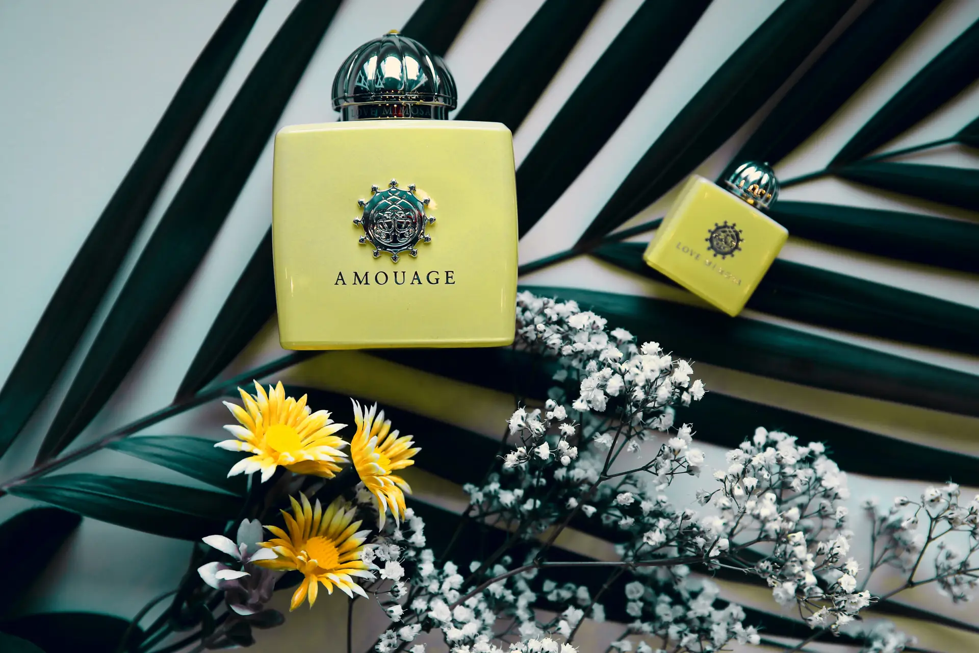 Two yellow Amouage perfume bottles are displayed among dark green palm-like leaves, delicate white baby's breath flowers, and small yellow flowers on a light background. The larger bottle is in the foreground.